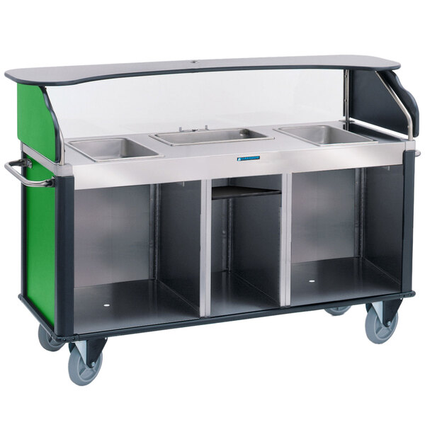 A Lakeside stainless steel food cart with green and black accents.