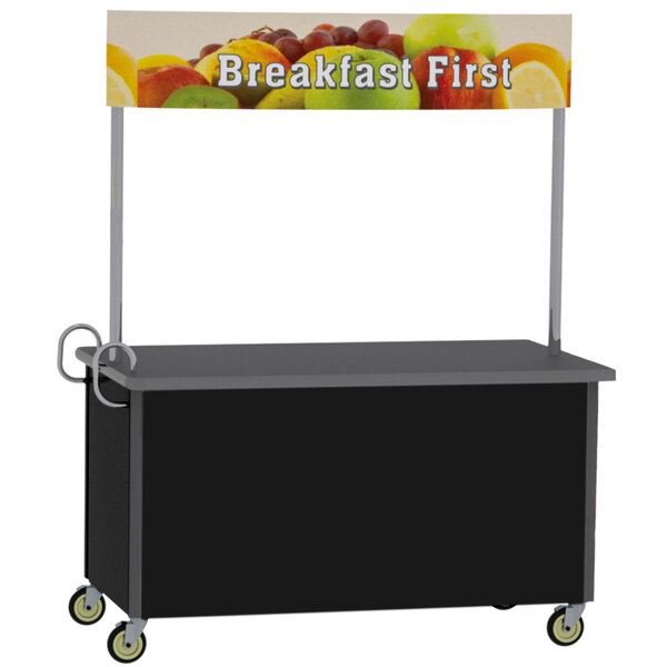 A Lakeside stainless steel vending cart with a black laminate finish and a sign that says breakfast first.