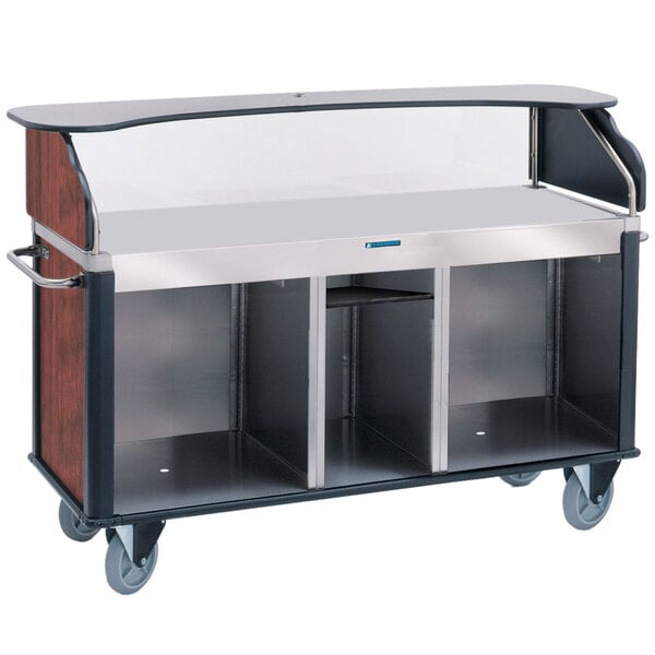 A metal Lakeside vending cart with wood shelves and a flat surface.
