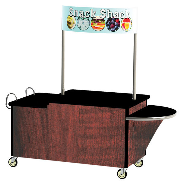 A Lakeside stainless steel vending cart with a red maple laminate finish and a wooden drop leaf.