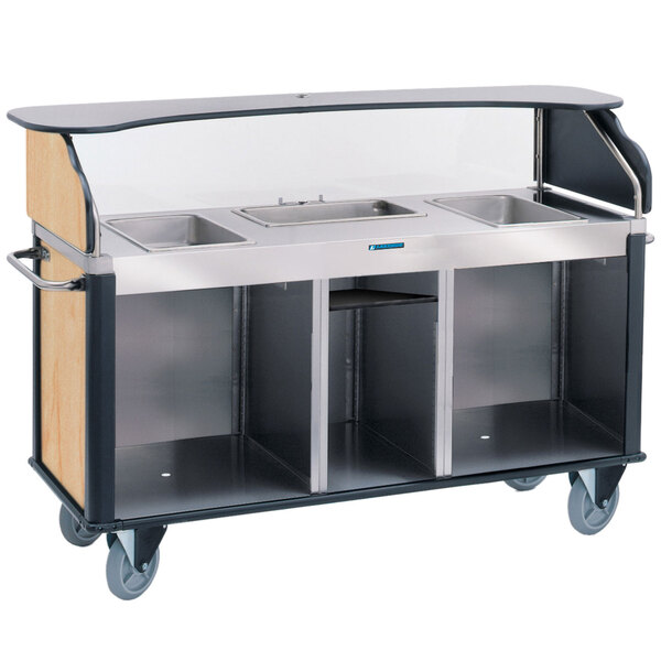 A Lakeside stainless steel vending cart with a hard rock maple laminate counter top.