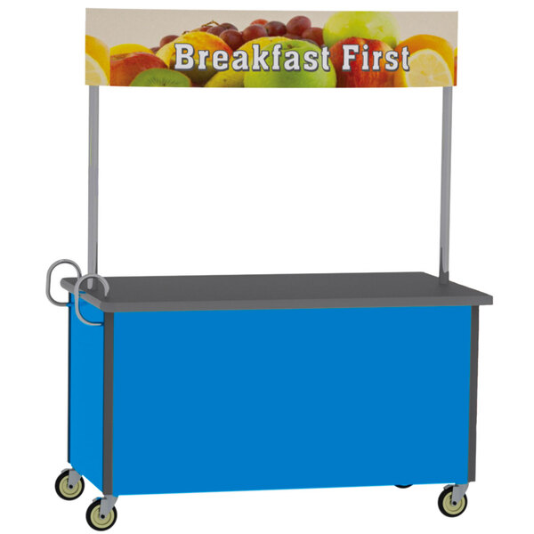 A blue Lakeside vending cart with a sign and banner that says breakfast first.