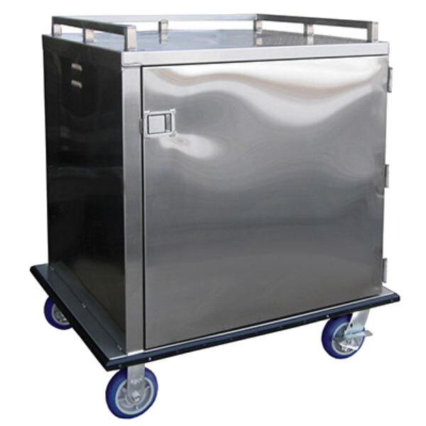 A Lakeside stainless steel meal delivery cart with a door.