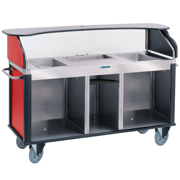 A Lakeside stainless steel vending cart with a red counter and three counter wells.