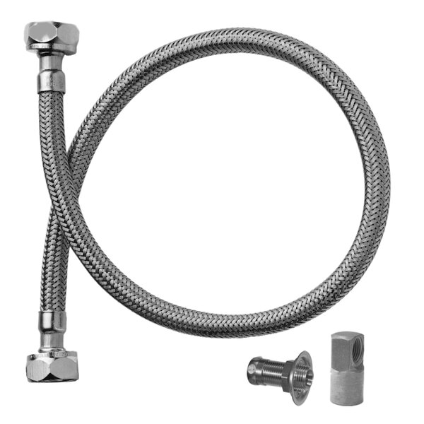 A stainless steel flexible shower supply line hose with nuts and bolts.