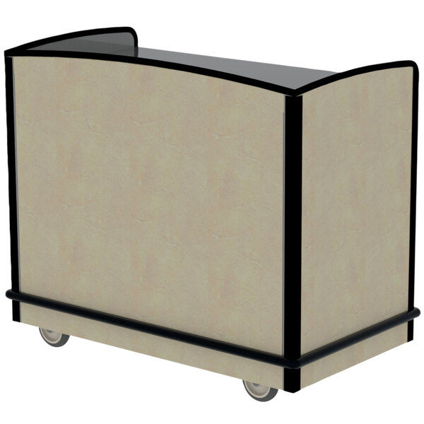 A Lakeside serving cart with a beige and black surface and stainless steel finish, with wheels.