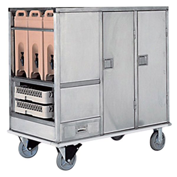 A Lakeside stainless steel enclosed meal delivery cart with trays and baskets.