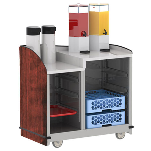 A Lakeside stainless steel hydration cart with red trays and containers for juice.