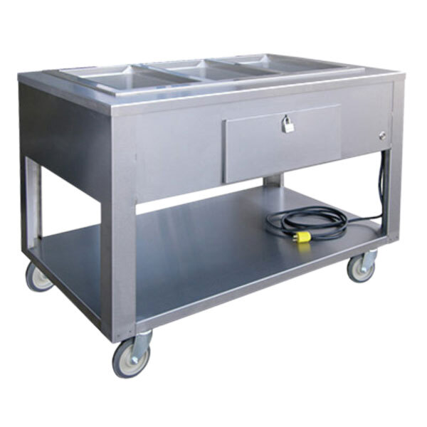 A Lakeside stainless steel electric steam table with undershelf on wheels.