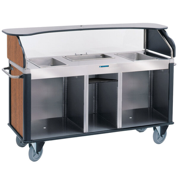 A stainless steel Lakeside vending cart with a Victorian cherry laminate counter.