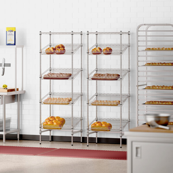 A Regency chrome wire shelving rack in a bakery with bread on it.
