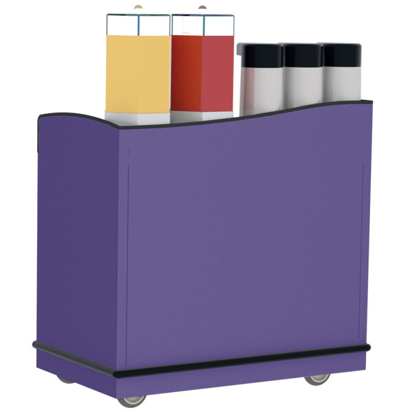 A purple Lakeside serving cart with containers on top.