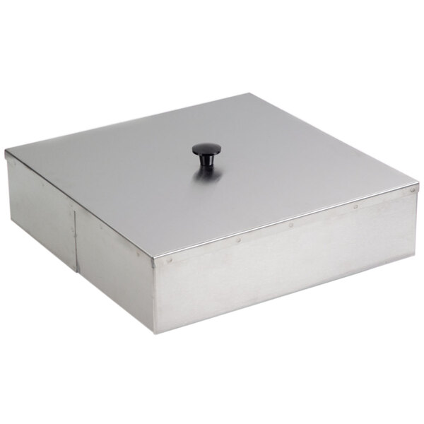 A stainless steel box with a black handle.