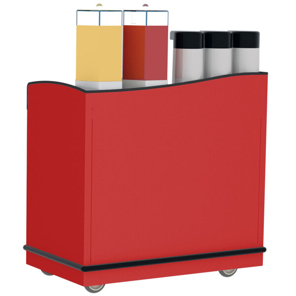 A red Lakeside serving cart with soda bottles on top.