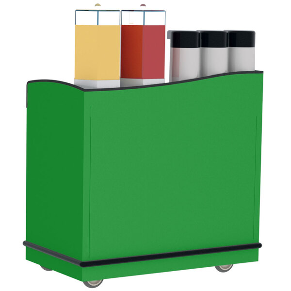 A green Lakeside serving cart with containers of liquid on top.