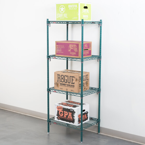 A Metroseal 3 wire shelving unit with boxes on a shelf.