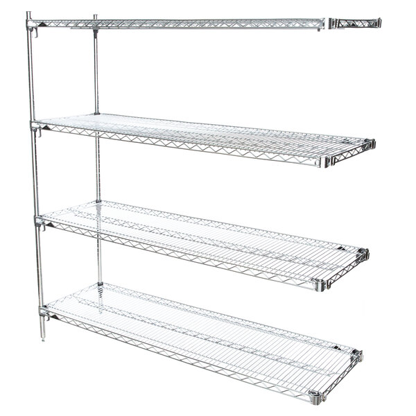 A Metro chrome wire stationary add on shelving unit with three shelves.