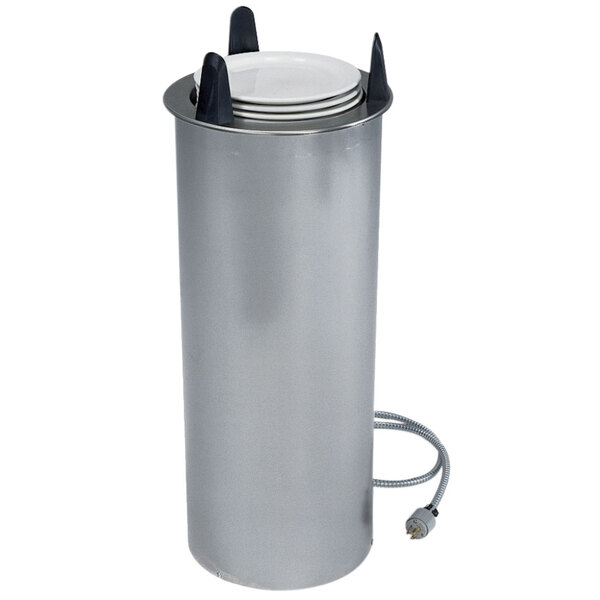 A Lakeside heated silver cylinder for dishes.