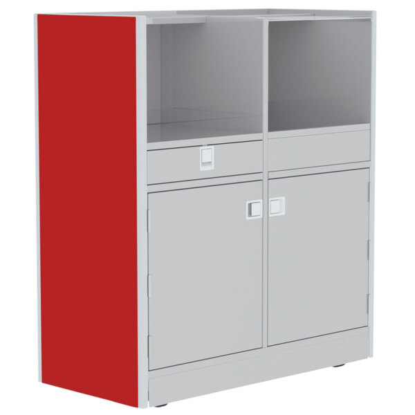 A stainless steel Lakeside mobile setup station with red and white cabinets.