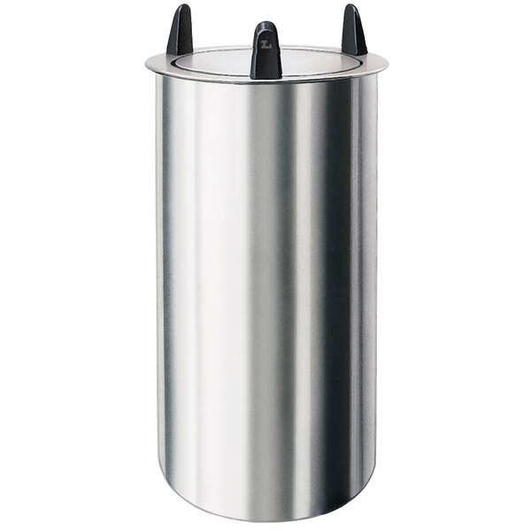 A Lakeside stainless steel dish dispenser with black handles on a white background.