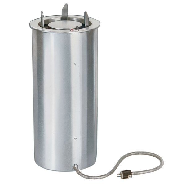 A silver Lakeside heated dish dispenser with a wire attached.