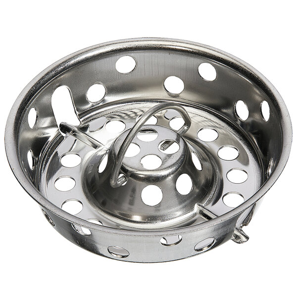 A stainless steel Fisher locking basket strainer with holes.