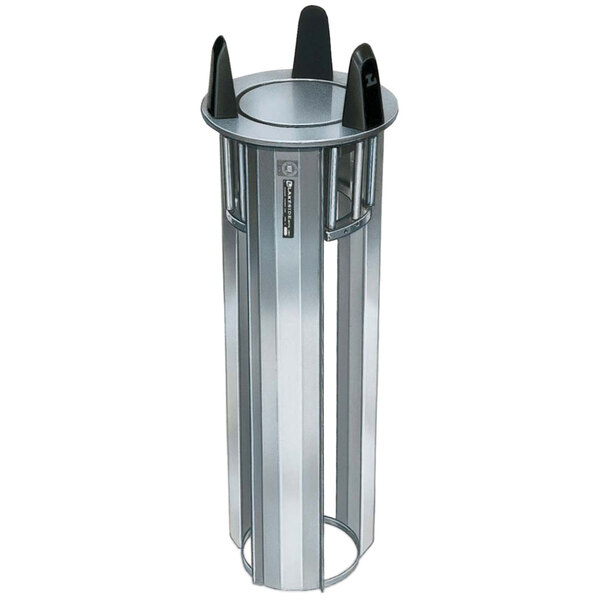 A silver Lakeside drop in dish dispenser with black handles.