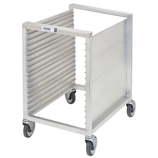 A silver cart with black wheels holding sheet pans.