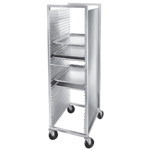 A Channel metal sheet pan rack with wheels holding trays.