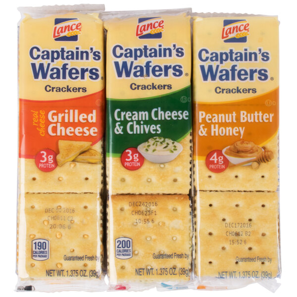 A package of Lance Captain's Wafers Sandwich Crackers with 8 individual packages inside.