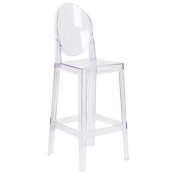 A Flash Furniture clear plastic bar stool with an oval back.