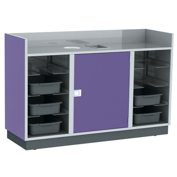 A purple and grey storage unit with three grey plastic tubs.