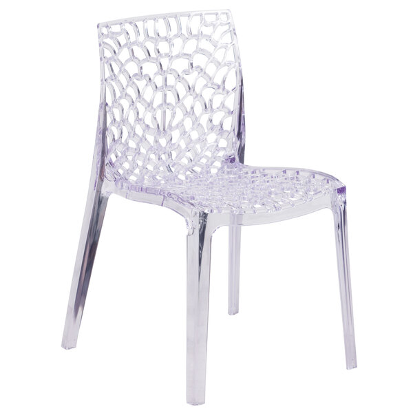 A Flash Furniture clear polycarbonate side chair with a patterned seat.