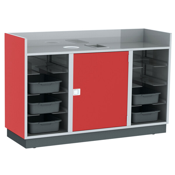 A red and grey Lakeside storage unit with tubs on a counter.