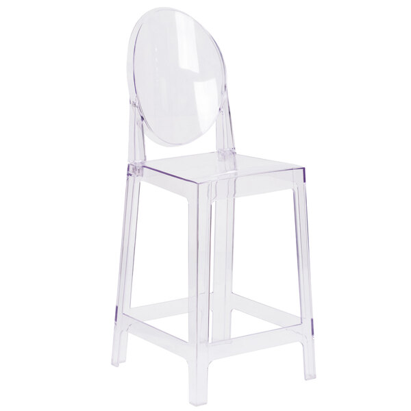 A Flash Furniture clear polycarbonate counter height stool with an oval back.