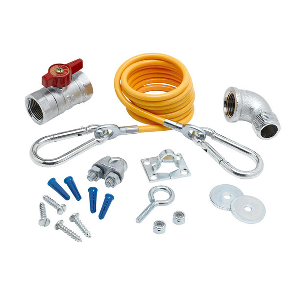 A T&S yellow gas hose and metal pipe kit with thread connections.