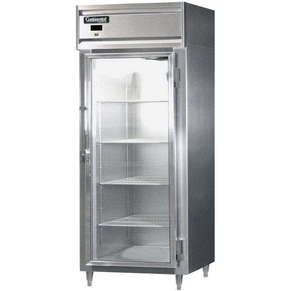 A large stainless steel Continental reach-in refrigerator with glass doors.