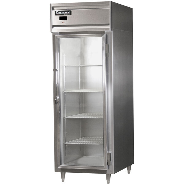 A Continental 29" stainless steel reach-in refrigerator with glass doors.