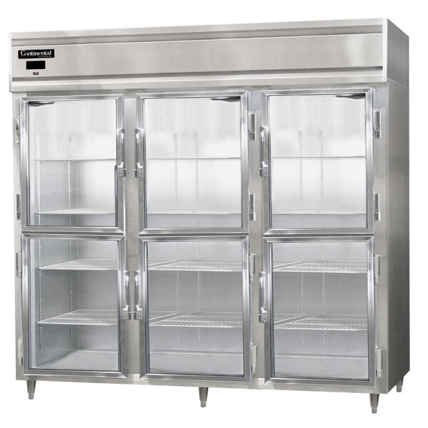 A Continental reach-in refrigerator with three half glass doors and stainless steel.