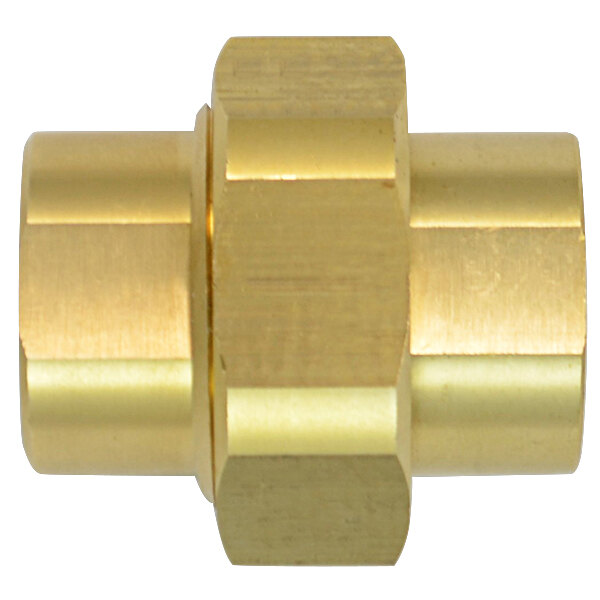 A close-up of a Fisher brass union with threaded connectors.