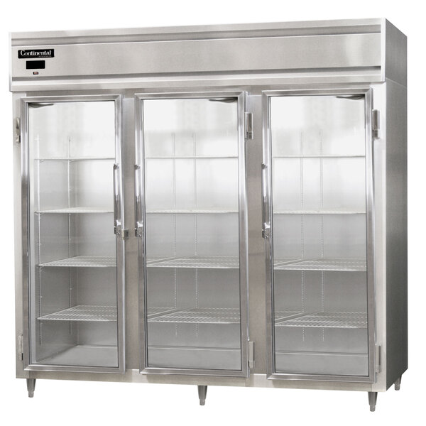 A Continental stainless steel reach-in refrigerator with three glass doors.
