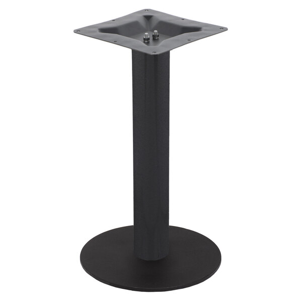 A BFM Seating black metal counter height table base with a square bottom.