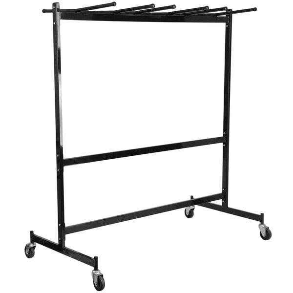 A black metal Flash Furniture folding chair and table dolly with wheels.