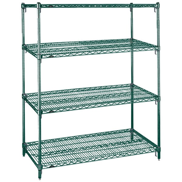 A green Metroseal wire shelving unit with four shelves.