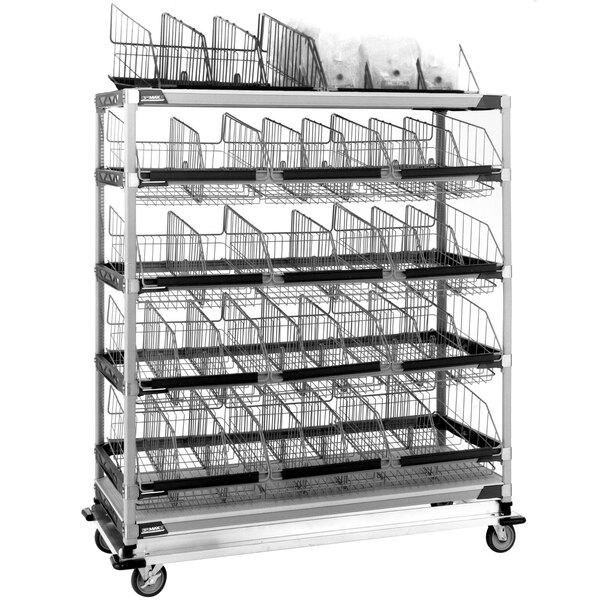 A MetroMax metal rack with baskets on it.