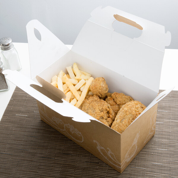 A Barn Take Out lunch box with fried chicken and french fries inside.
