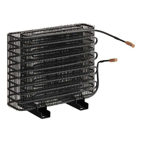 A black Avantco condenser coil with wires attached to it.