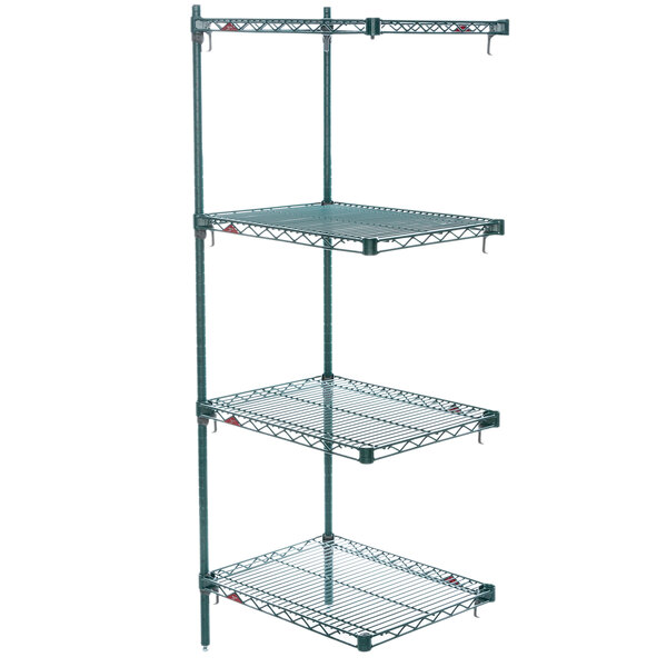 A Metroseal 3 green wire shelving add on unit with three shelves.