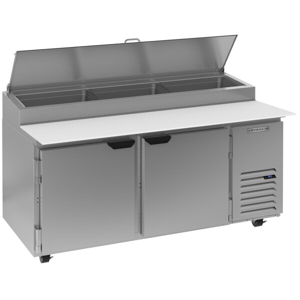 A Beverage-Air stainless steel refrigerated pizza prep table with two doors.