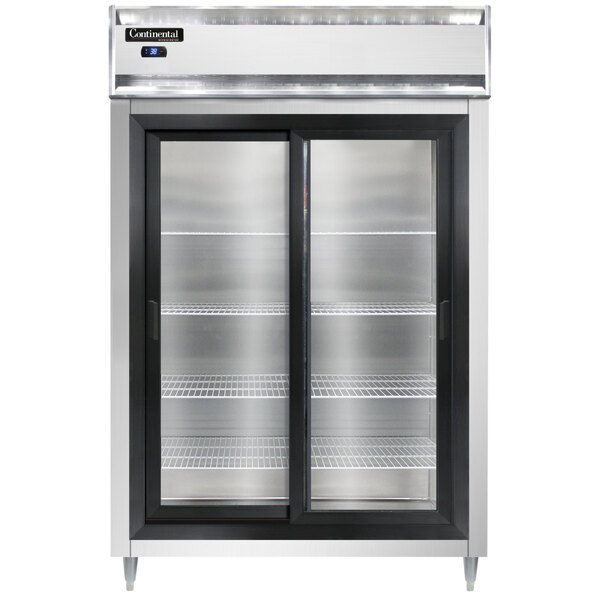 A Continental 52" reach-in refrigerator with shallow depth and double sliding glass doors.